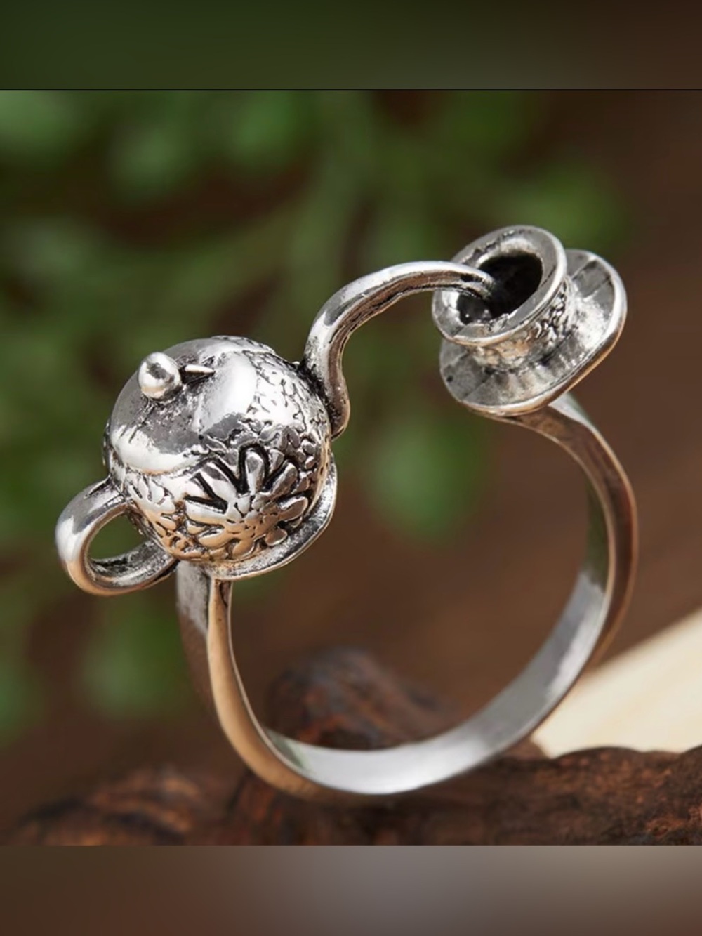 5/$25 Whimsy Alice in Wonderland Inspired Teapot and Cup Ring Size 9